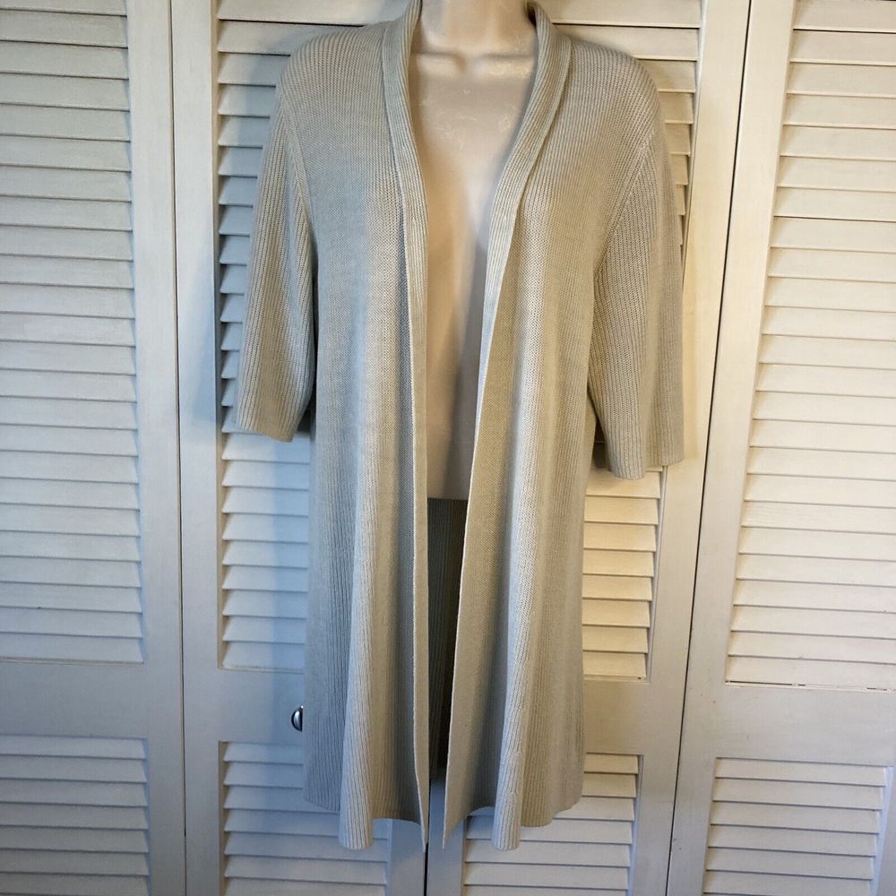 Eileen Fisher Light Taupe Cotton, Viscose, Silk Blend Open Front Sweater Coat L
